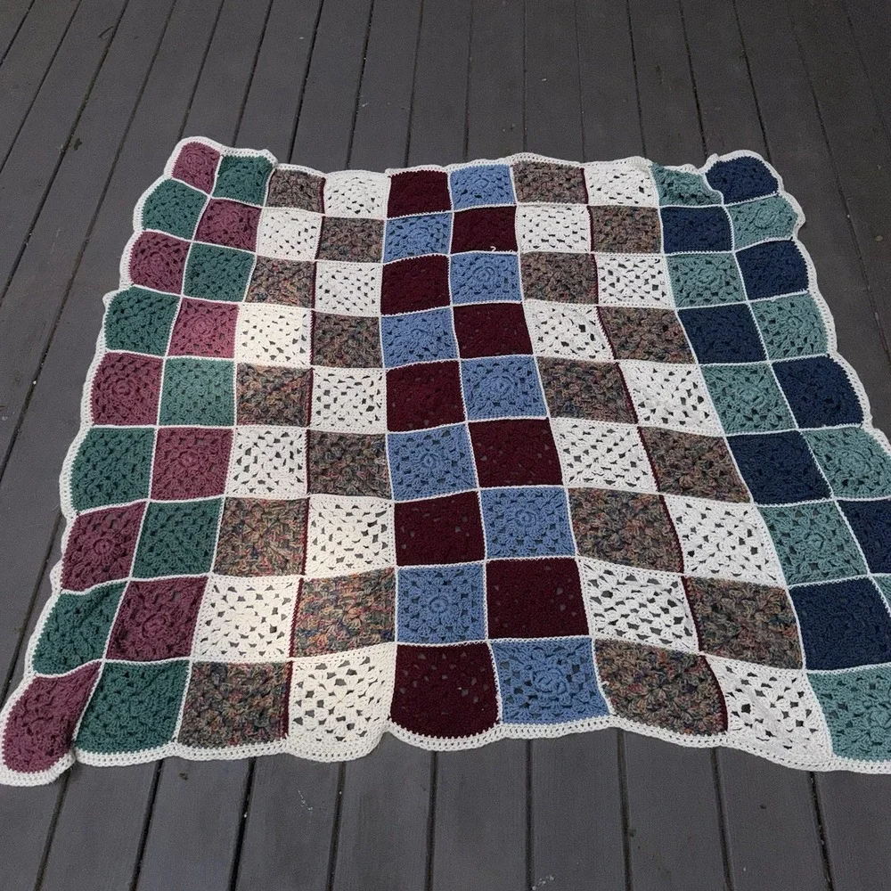 Vintage Handmade Crochet Granny Square Afghan Blanket 60x60 Scalloped Edge